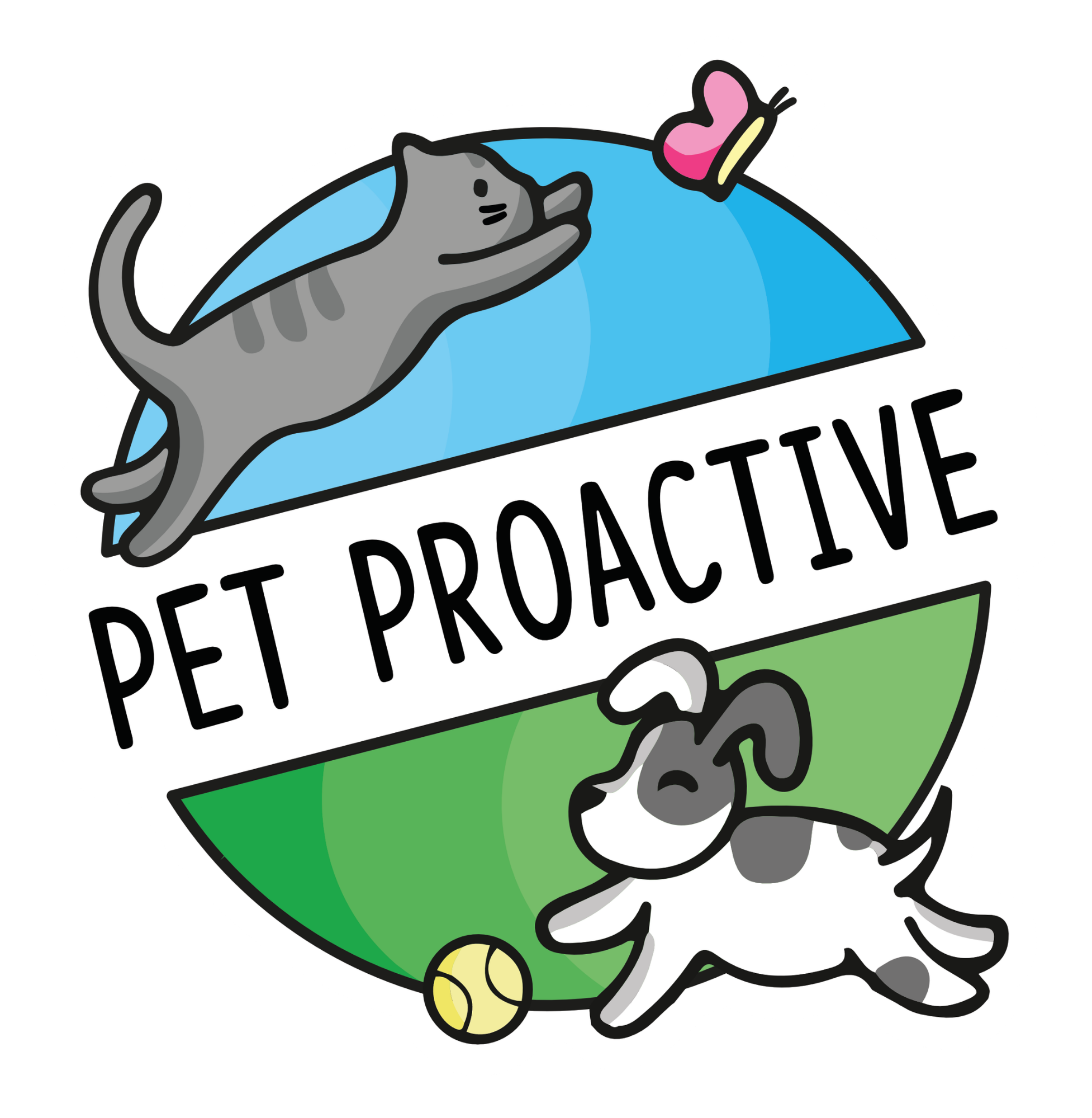 pet-proactive - Skylark Vets Skylark Vets Cartoon gray dog leaping toward a yellow ball beside a blue arc and a bold 'GET PROACTIVE' sign.